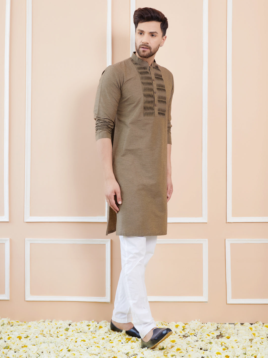 Dust Cotton Straight Kurta with Pintuck Yoke Neckline