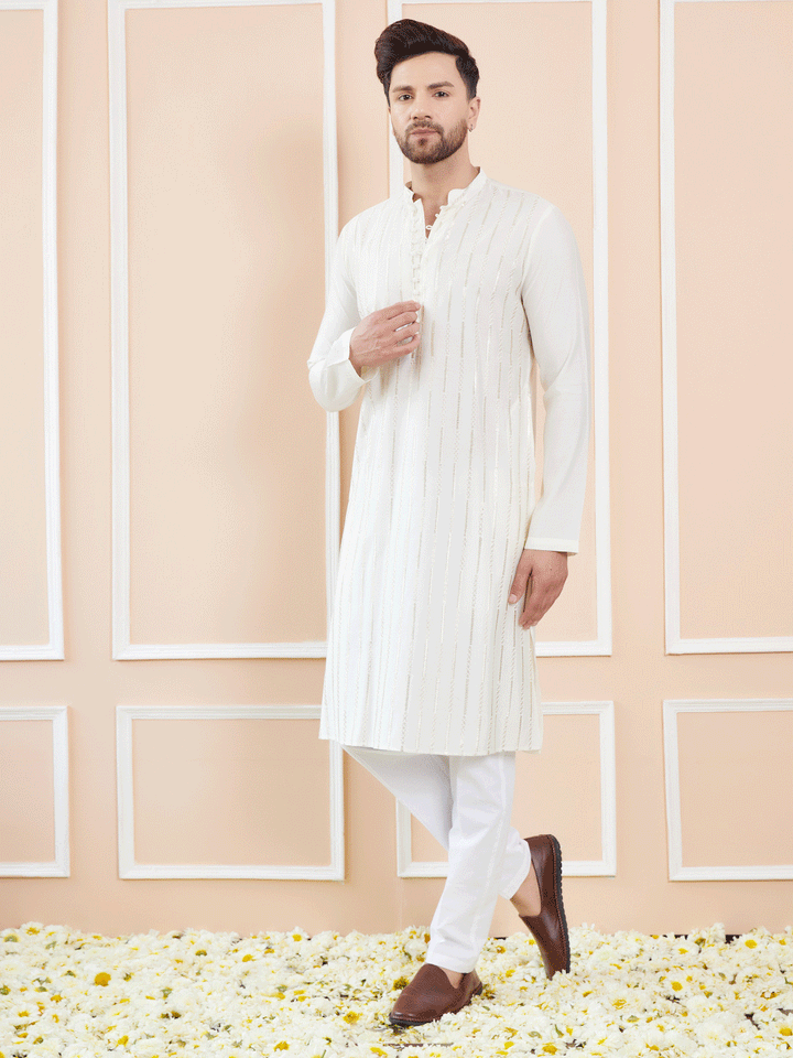 Men Off White and Gold Sequins Embroidered Chanderi Silk Straight  Kurta