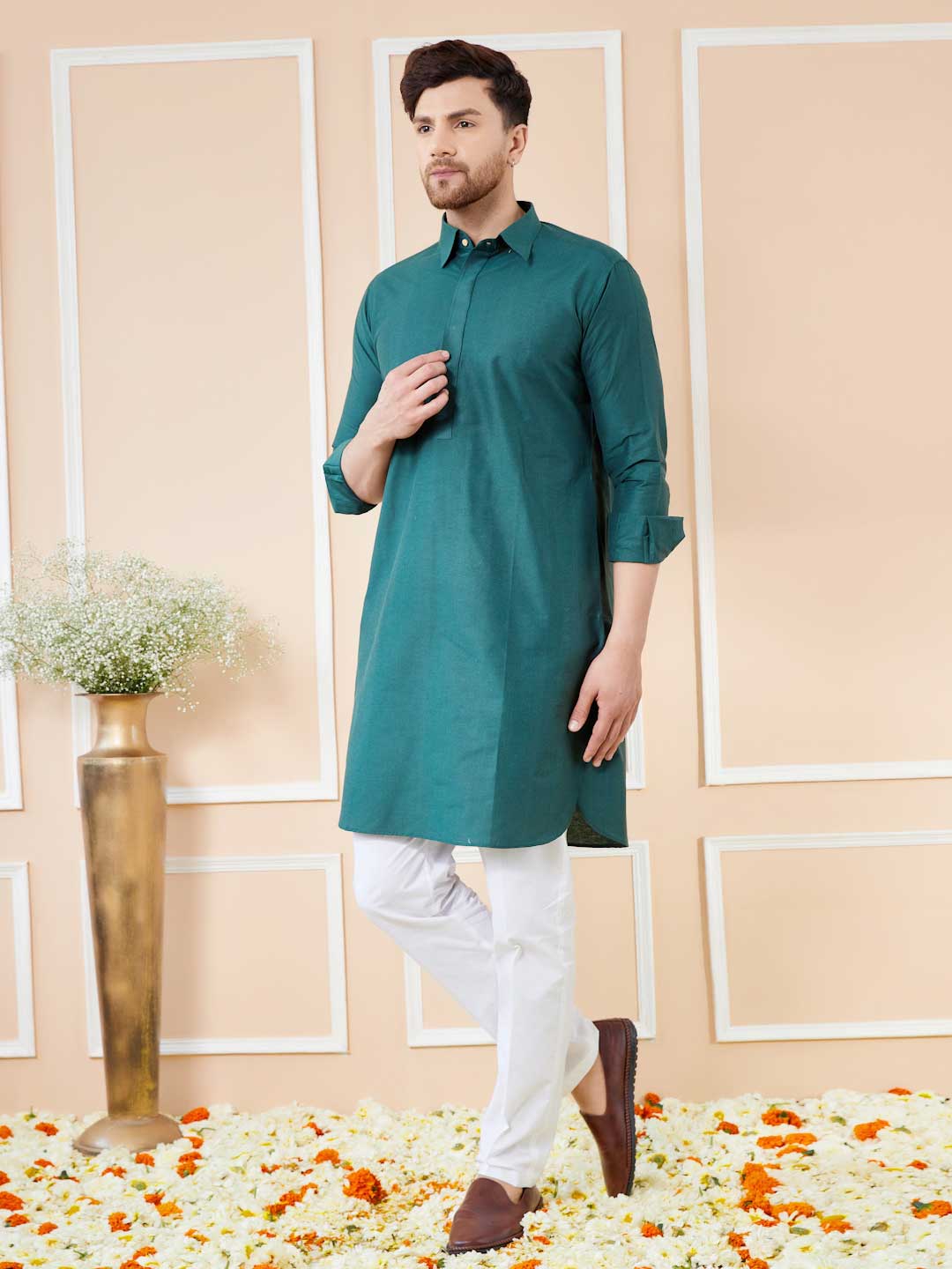 Green Cotton Solid Pathani Kurta with Pyjama