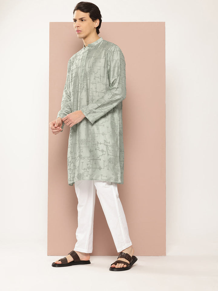 Men's See Green Chanderi Silk Embroidered Kurta, Paired with Pyjama