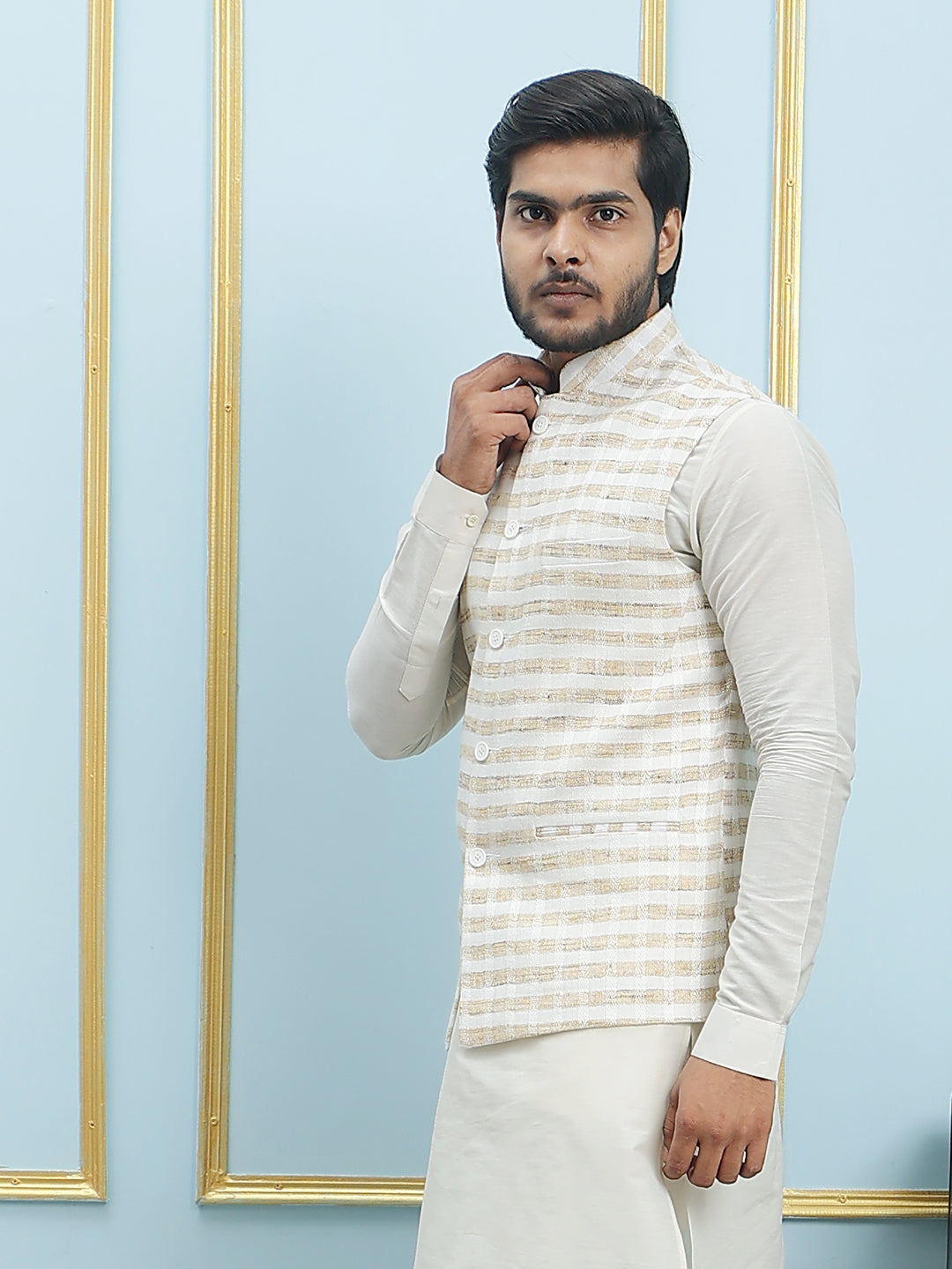 Pure Silk Straight Kurta & Pyjama Set with Handwoven Nehru Jacket