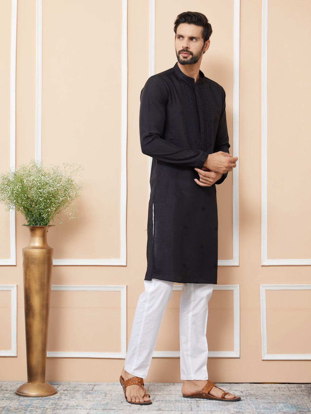 Black Embroidered Chanderi Silk Straight Kurta with Pyjama