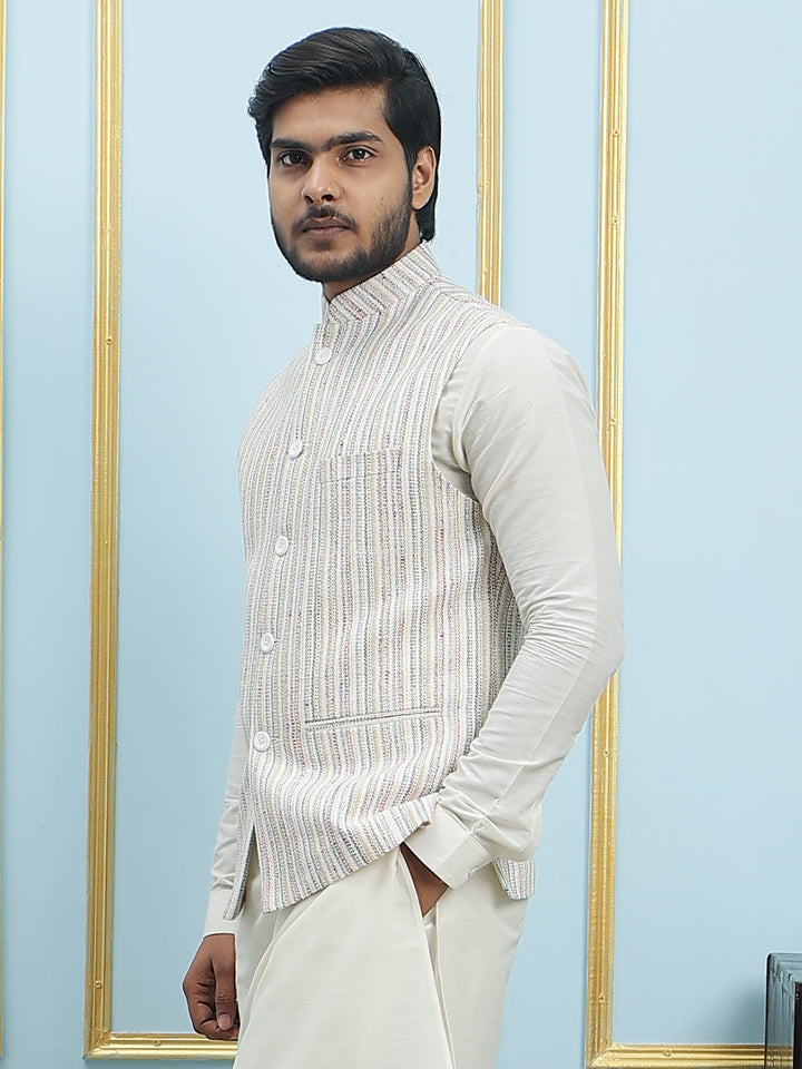 Pure Silk Straight Kurta & Pyjama Set with Handwoven Nehru Jacket