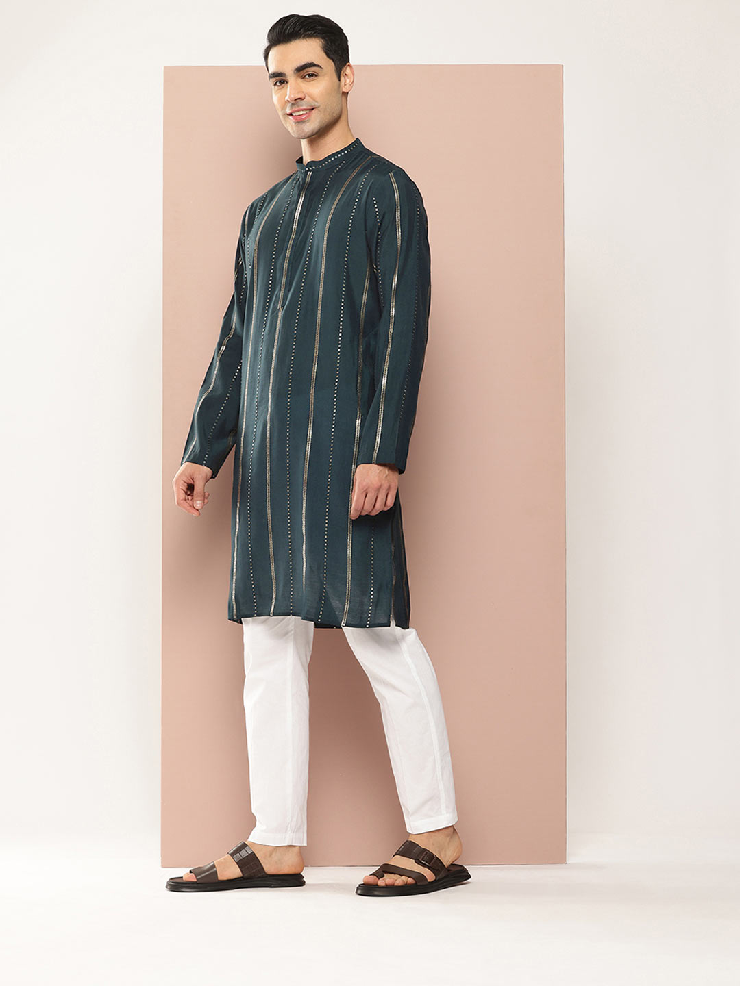 Men's Teal Chanderi Silk Kurta with Sequin Embroidery, Paired with Pyjama