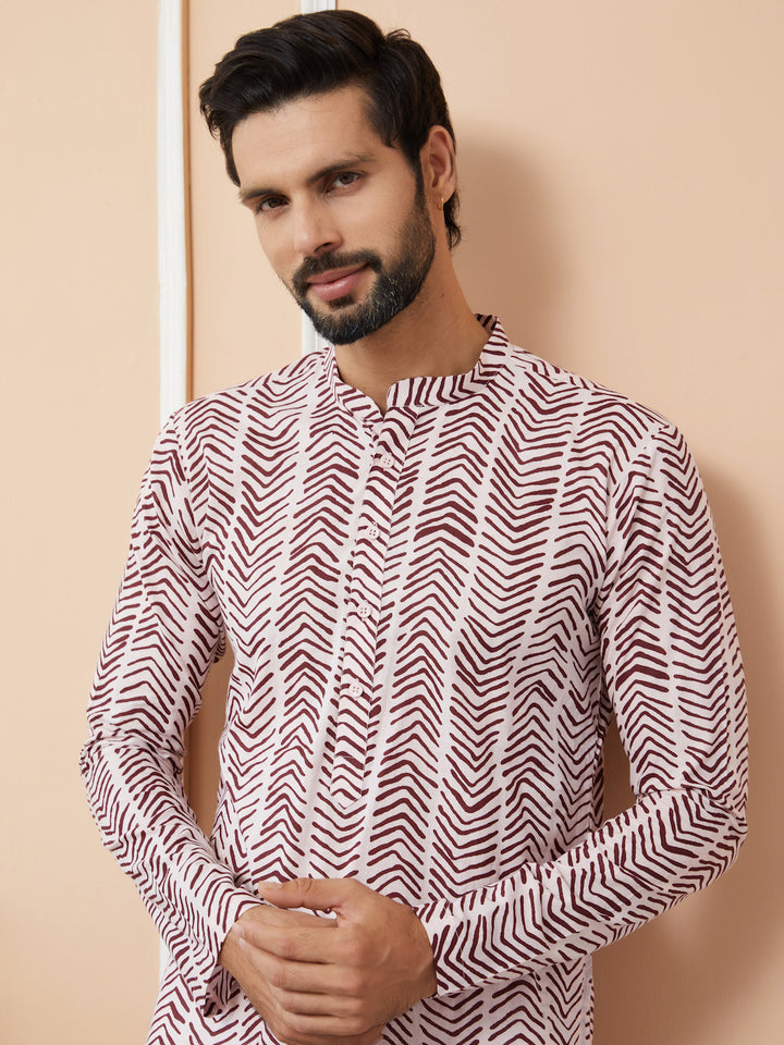 Baby Pink-Brown Printed Pure Cotton Straight Kurta