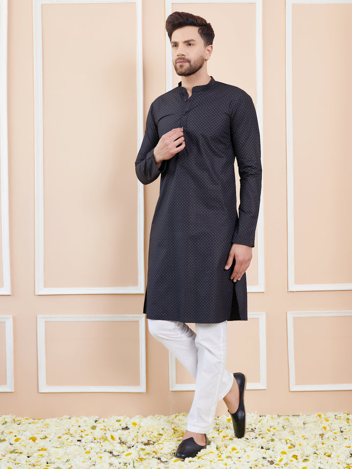 Black Printed Cotton Straight Kurta with Pyjama