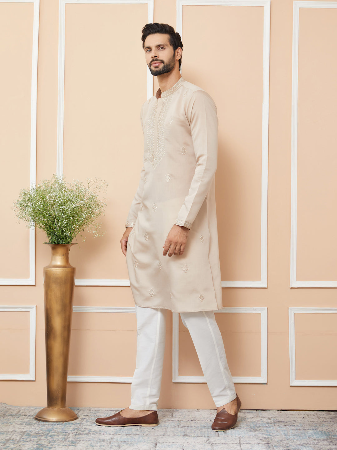 Beige Embroidered Chanderi Silk Straight Kurta