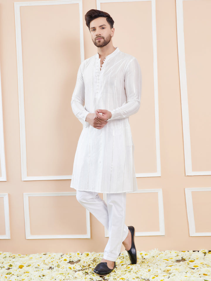 White Sequins Embroidered Pure Chanderi Silk Straight Kurta