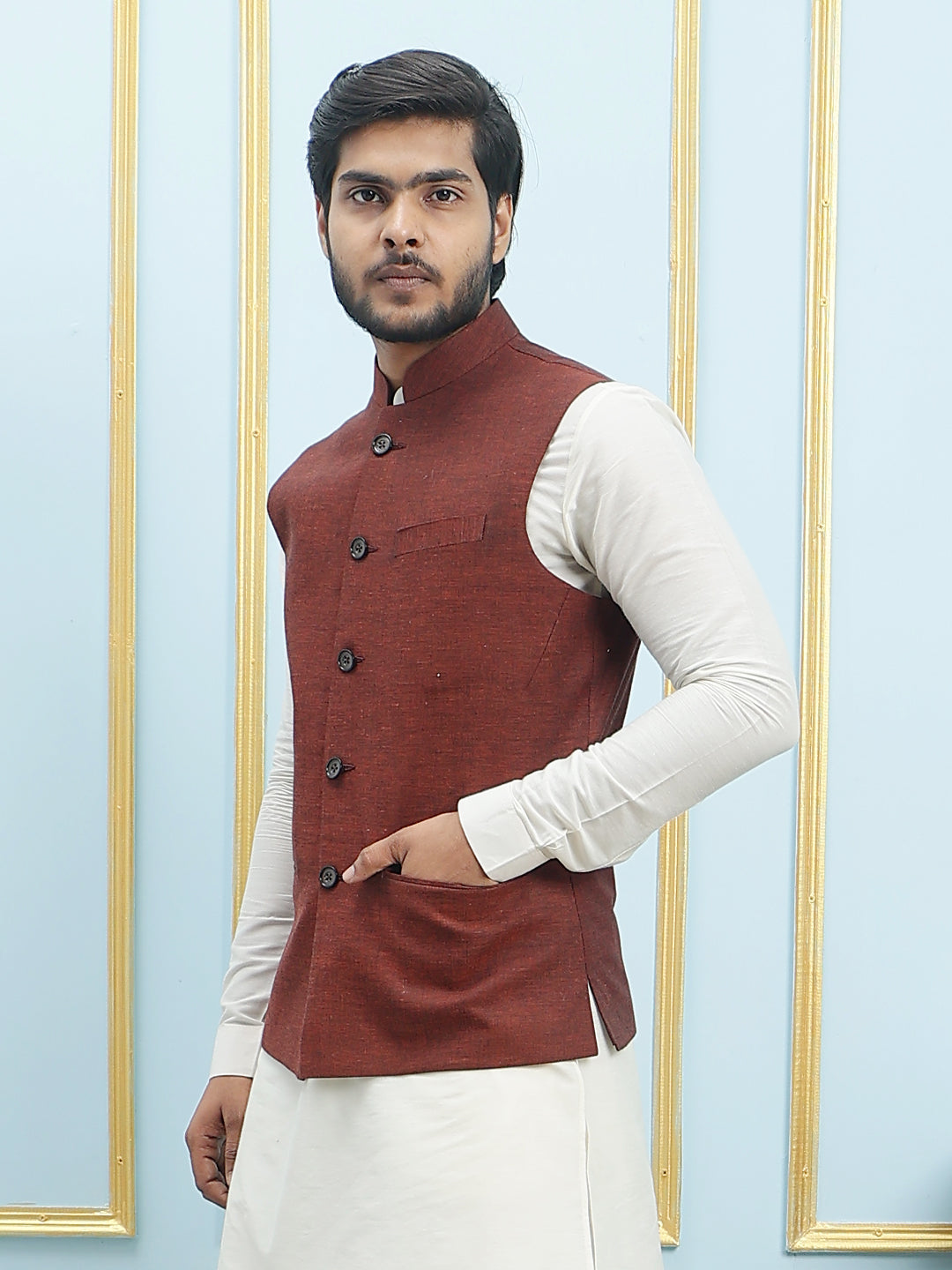 Solid Woven Silk Nehru Jacket