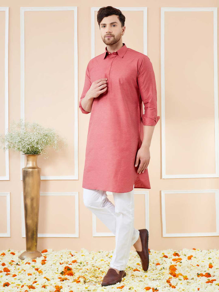 Red Cotton Solid Pathani Kurta with Pyjama