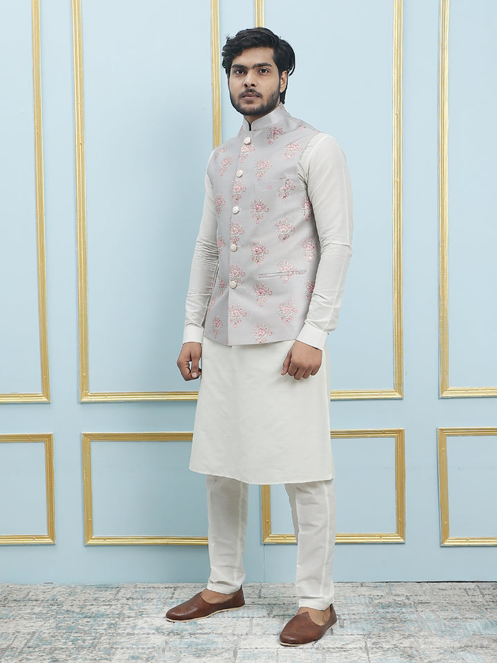 Pure Silk Kurta & Pyjama with Sequins Embroidered Nehru Jacket