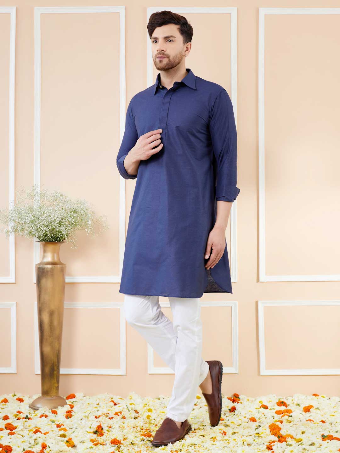 Navy Blue Cotton Solid Pathani Kurta with Pyjama