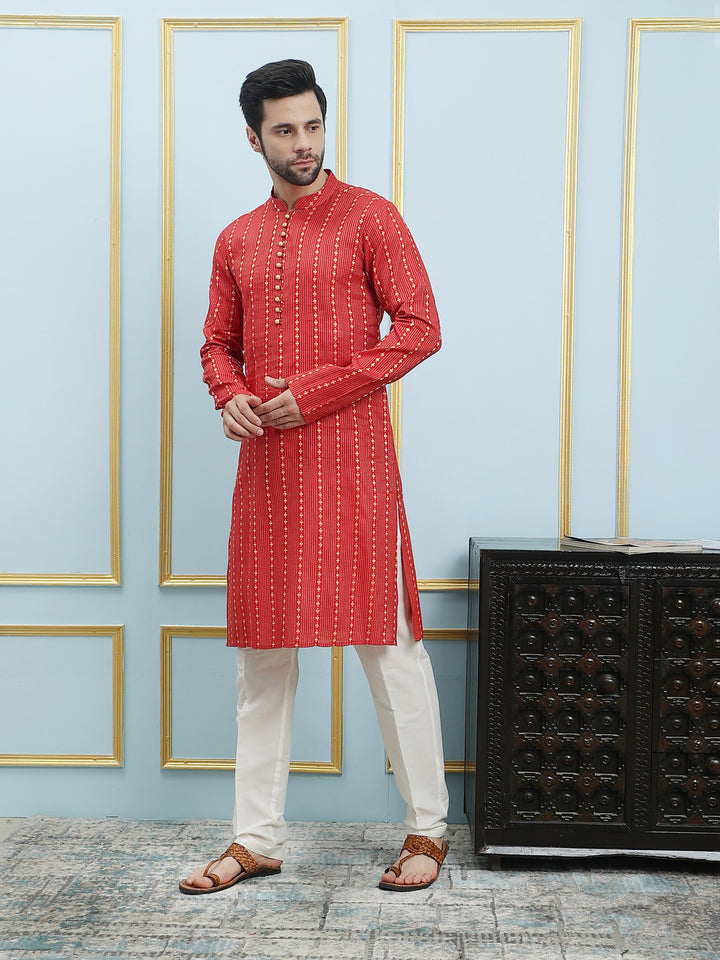 Thread Worked Cotton Silk Straight Kurta with Pyjama