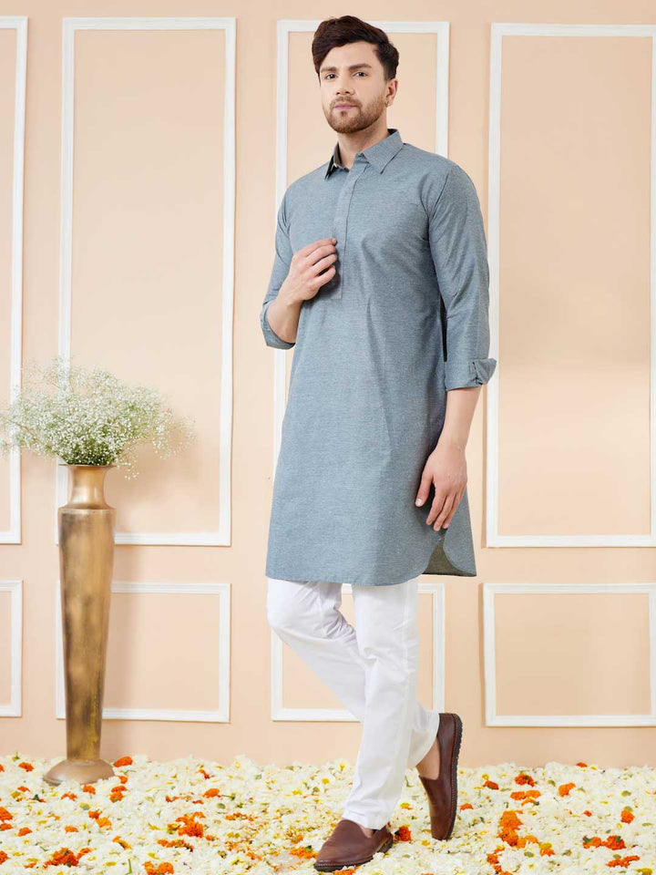 Grey Cotton Solid Pathani Kurta with Pyjama