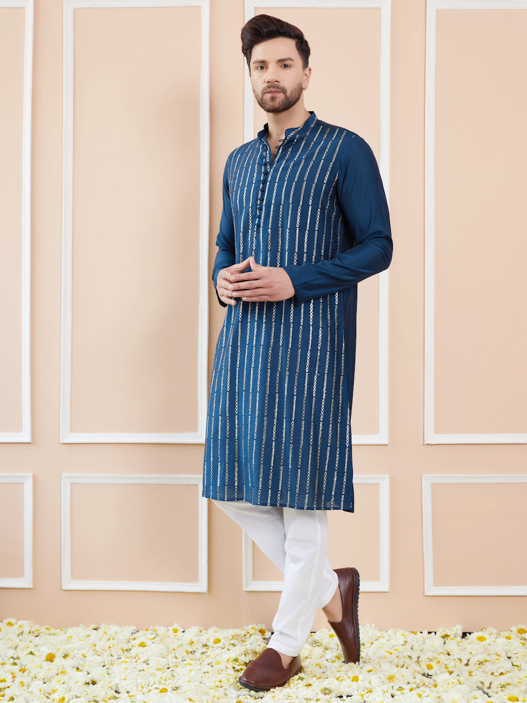 Men Blue and Gold Sequins Embroidered Chanderi Silk Straight Kurta With Pyjama