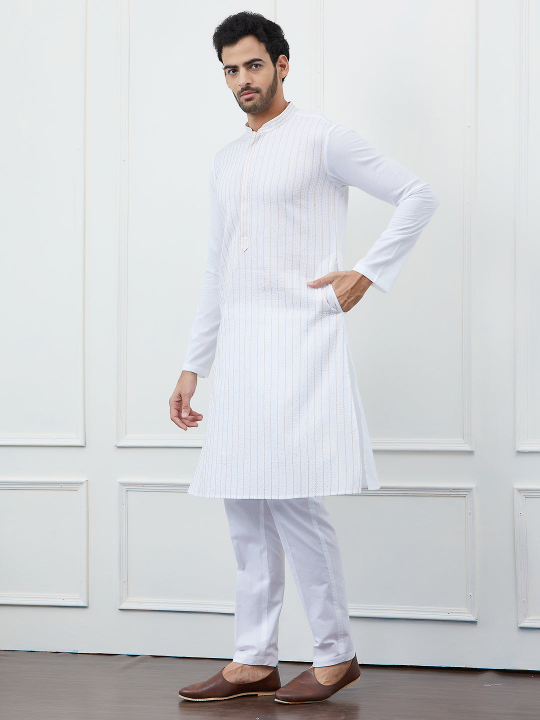 Sequin and Thread Work Pure Cotton Kurta with Pyjama