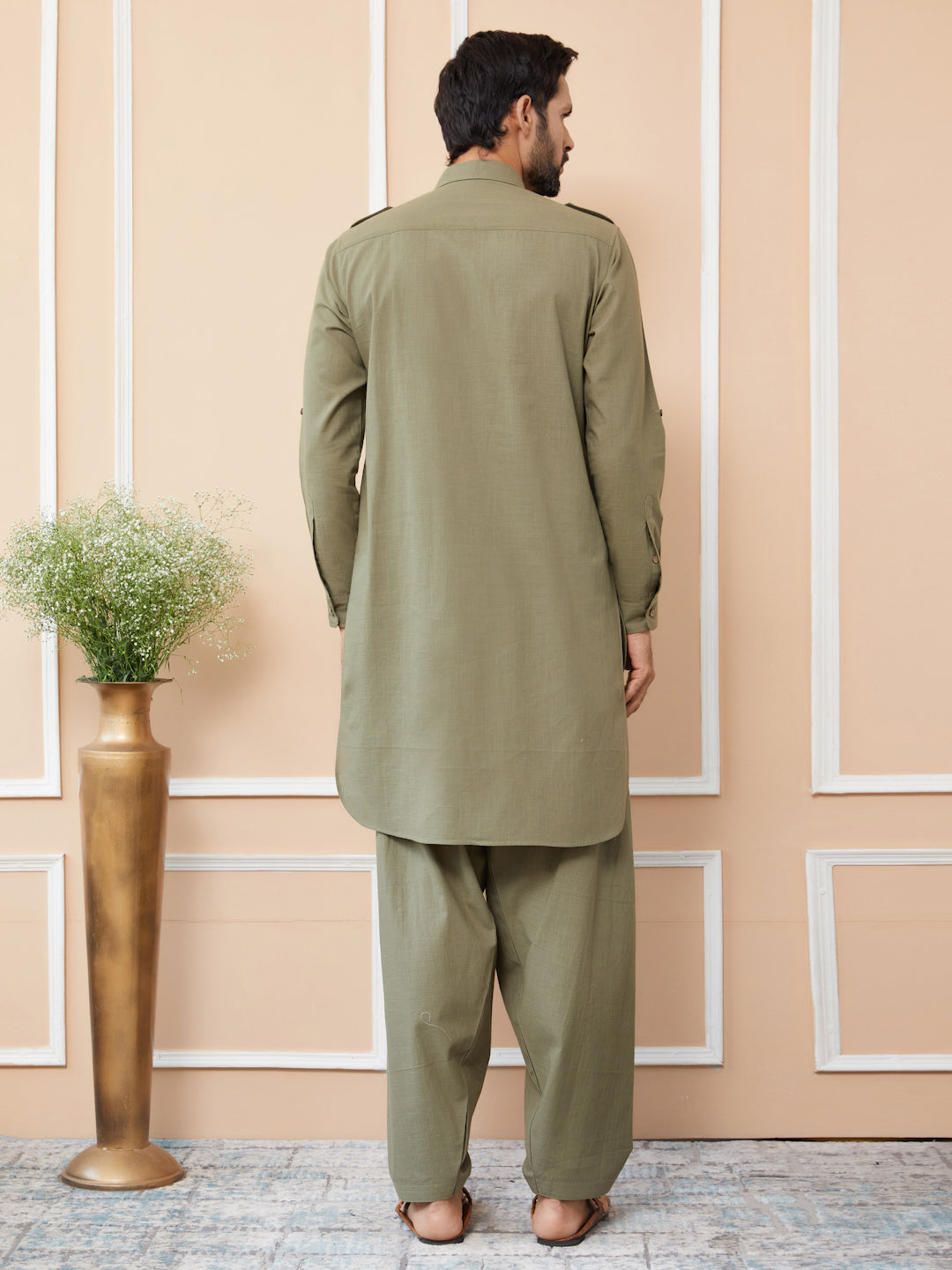 Olive Cotton Slub Pathani kurta with Salwar