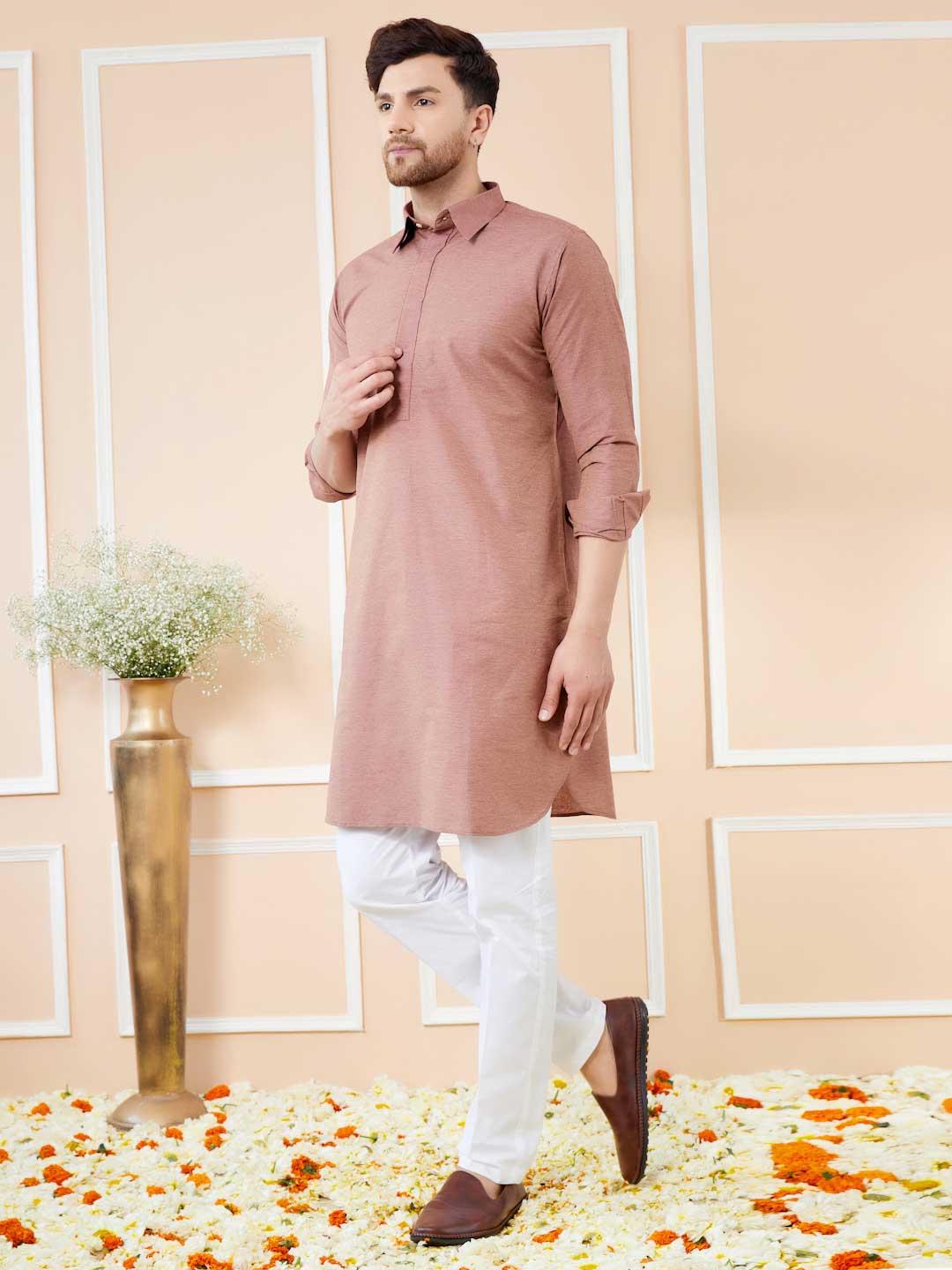 Brown Cotton Solid Pathani Kurta with Pyjama