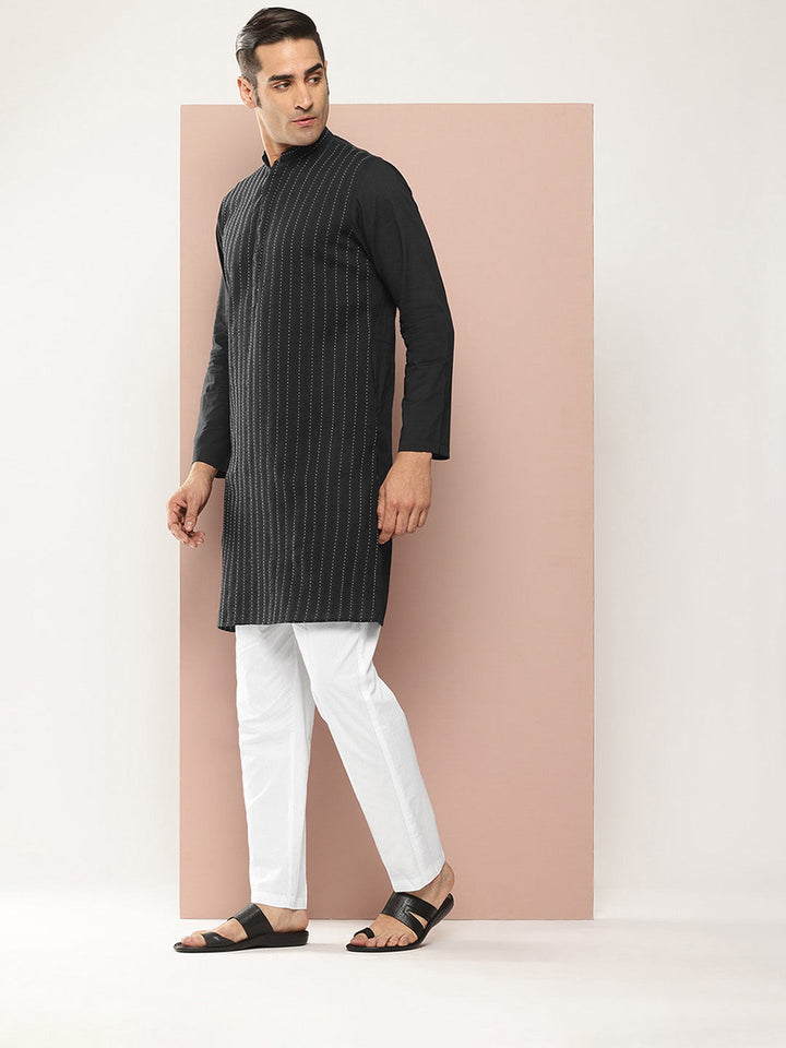 Men's Black Cotton Kurta with Pintex Design, Paired with Pyjama