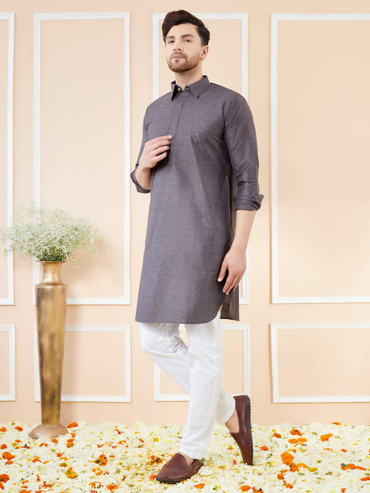 Grey Cotton Solid Pathani Kurta