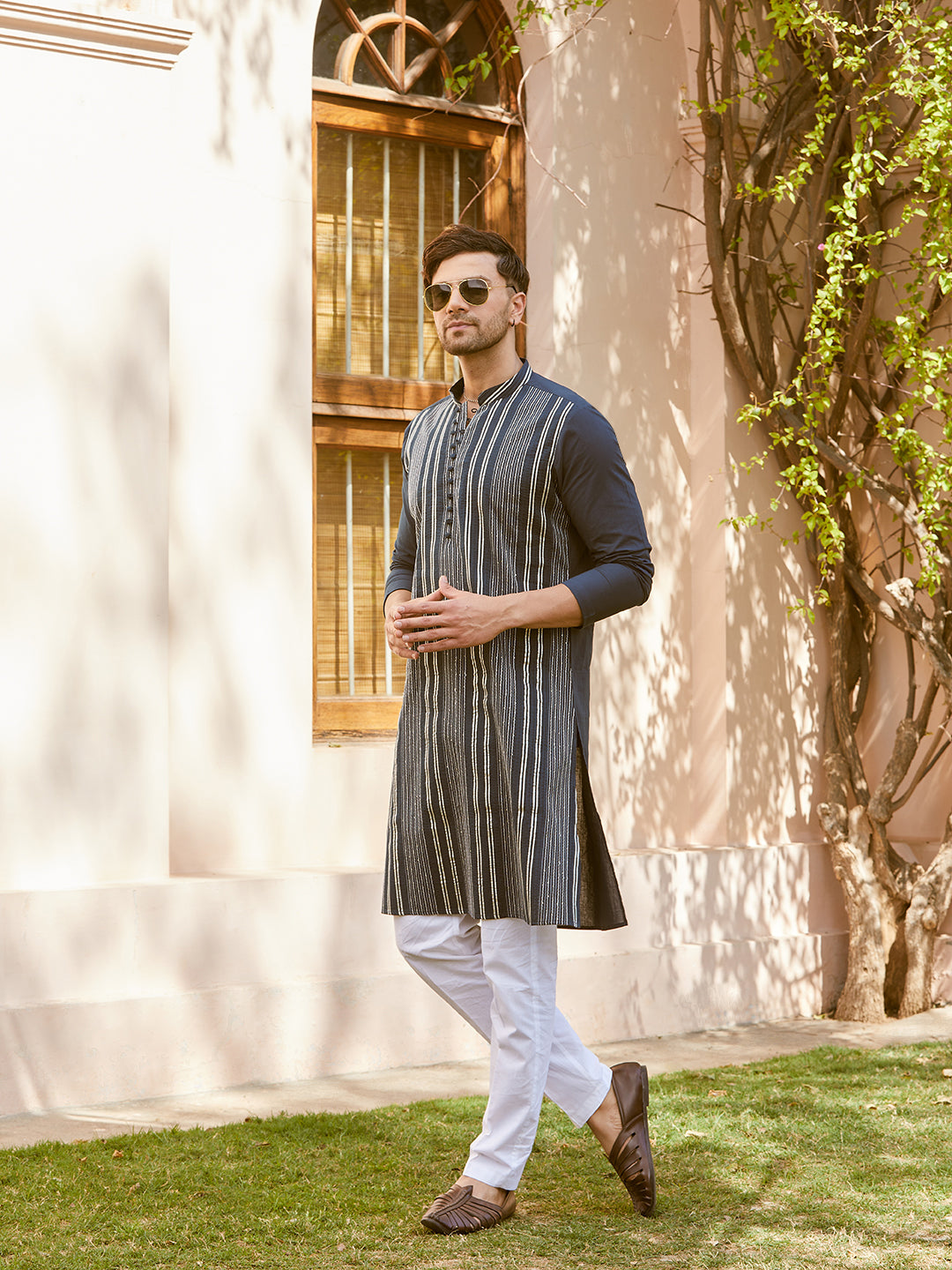 Gota Strips and Sequins Embroidered Pure Cotton Straight Kurta with Pyjama