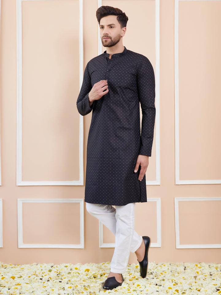 Black Printed Cotton Straight Kurta with Pyjama