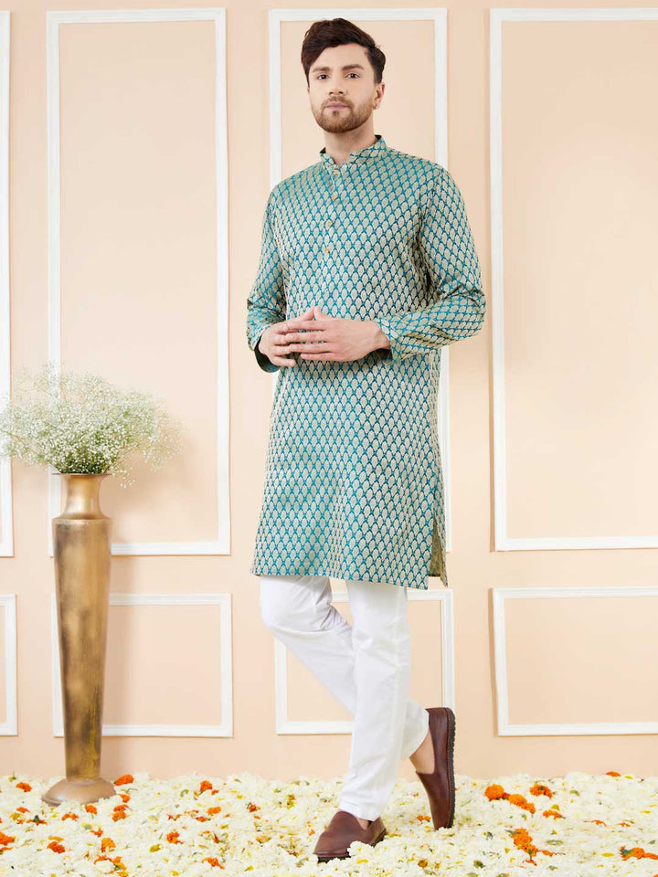 Blue Ethnic Motifs Silk Jacquard Woven Design Straight Kurta with Pyjama