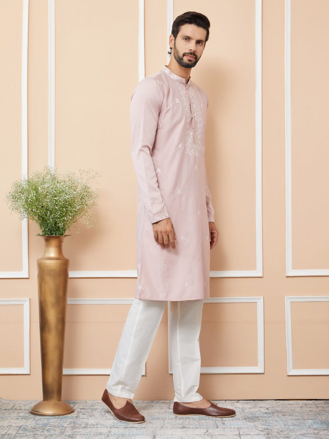 Peach Embroidered Zara Silk Straight Kurta with Pyjama