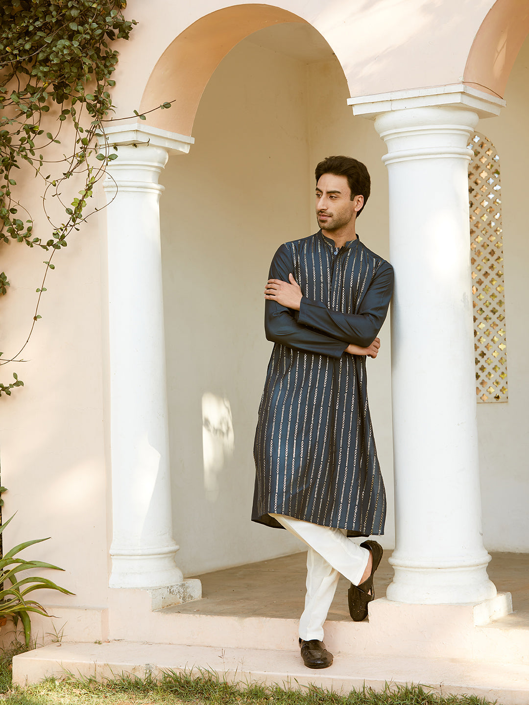 Sequins Embroidered Pure Chanderi Silk Straight Kurta with Pyjama