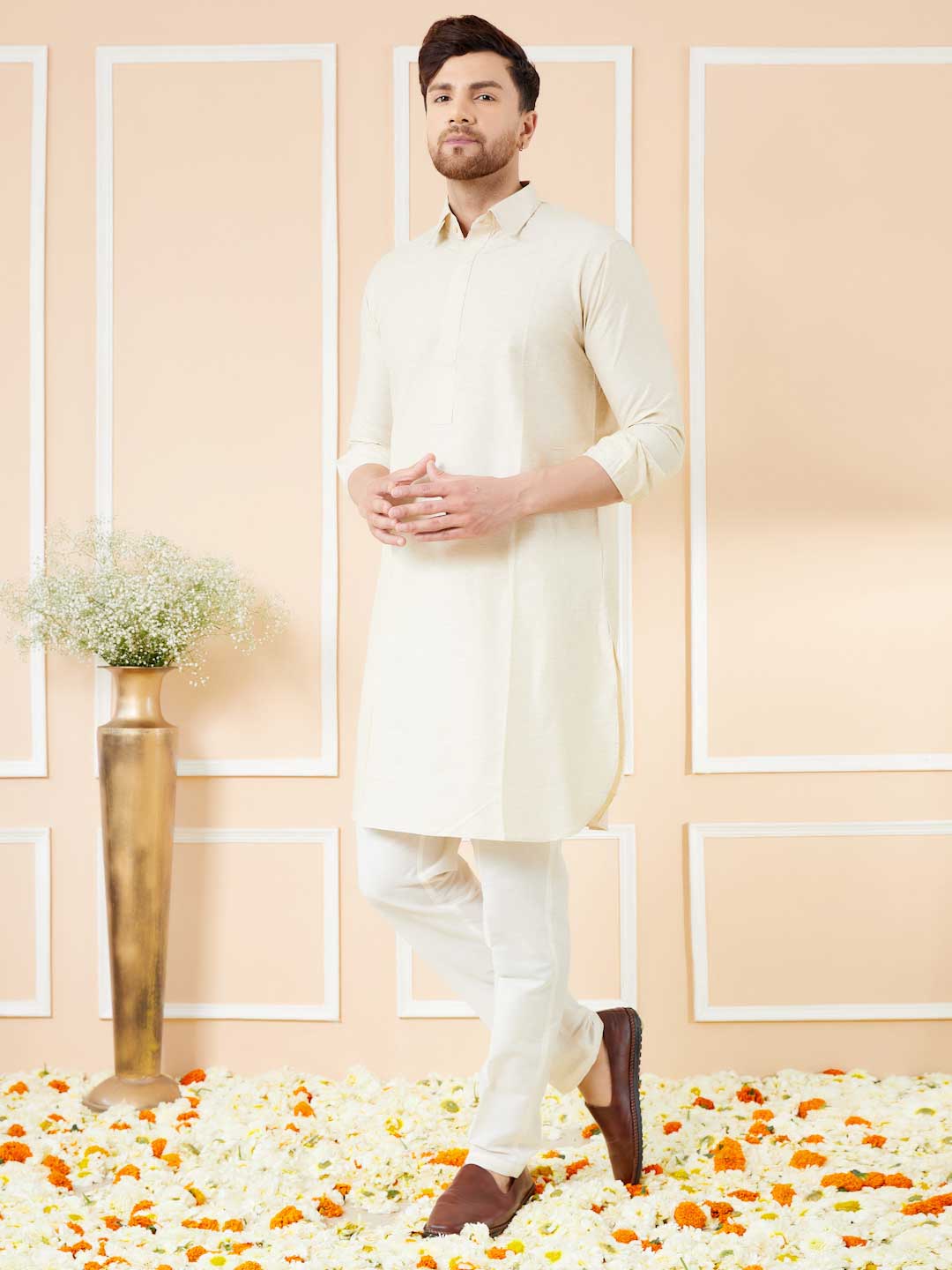 Cream Cotton Solid Pathani Kurta with Pyjama