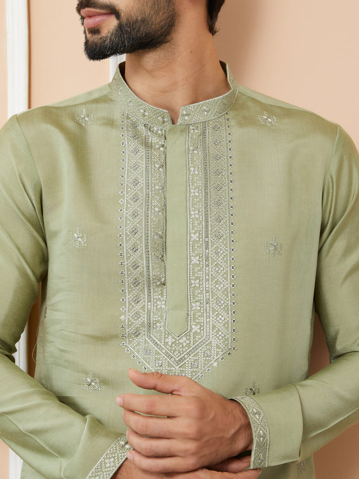 Olive Embroidered Chanderi Silk Straight Kurta