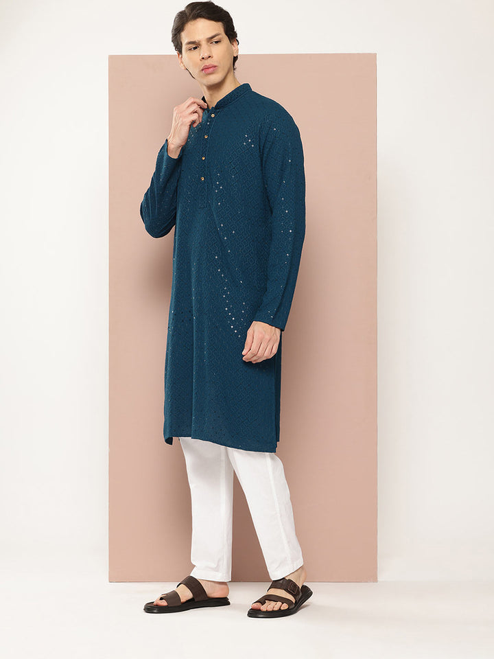 Men's Dark Blue Sequin Embroidered Rayon Kurta, Paired with Pyjama