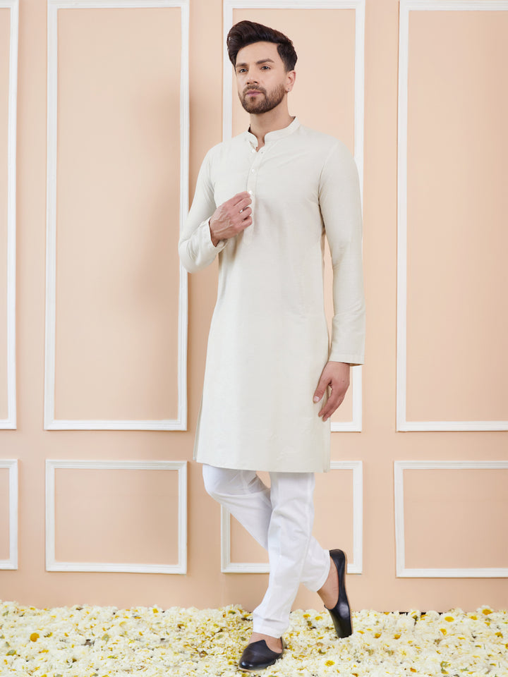 Cream Cotton Solid Straight Kurta with Pyjama