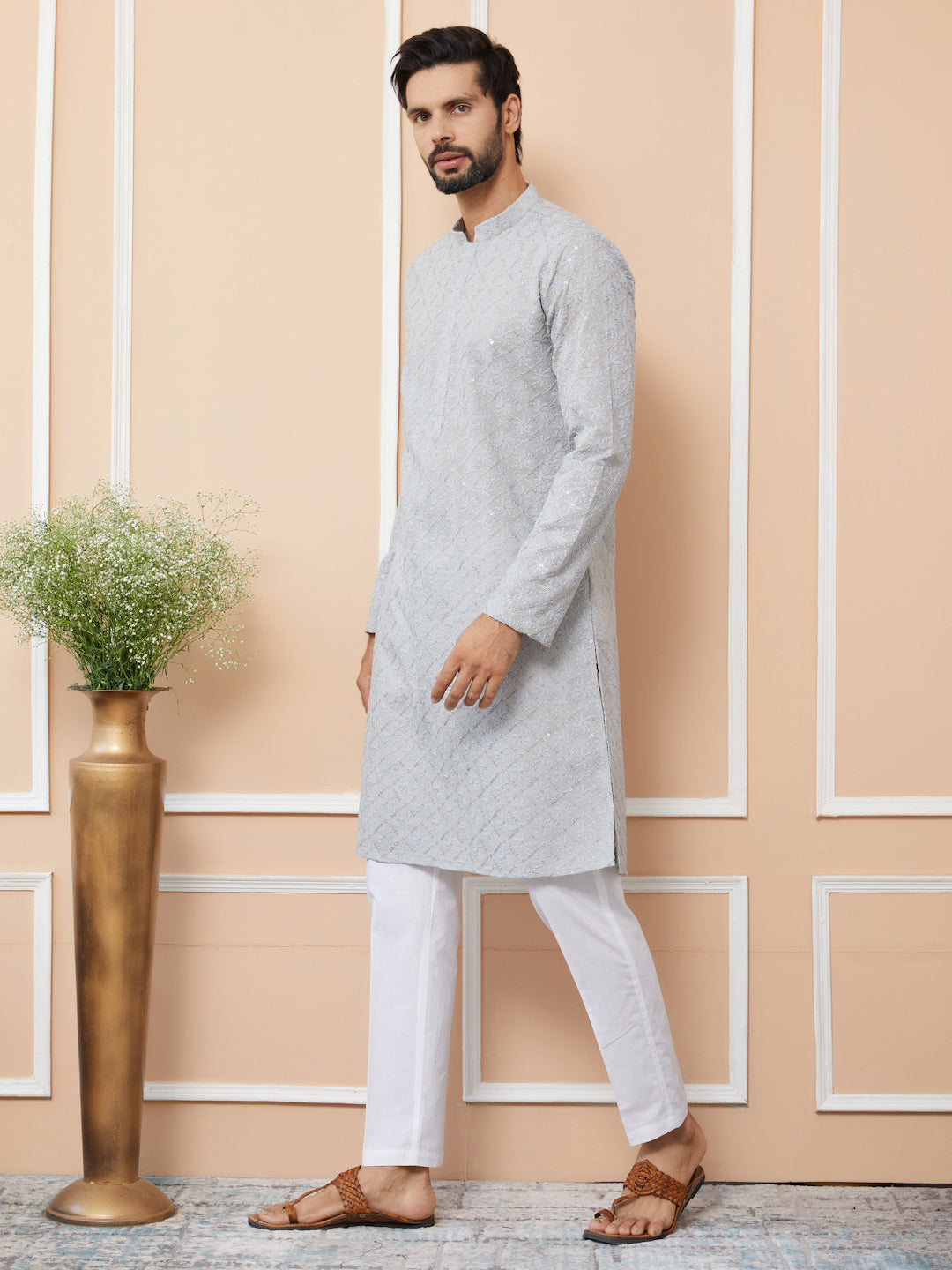 Grey Sequins and Thread Embroidered Cotton Straight Kurta