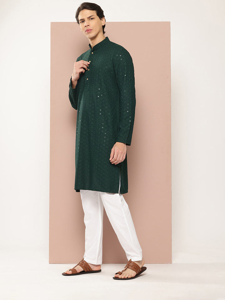 Men's Green Sequin Embroidered Rayon Kurta, Paired with Pyjama