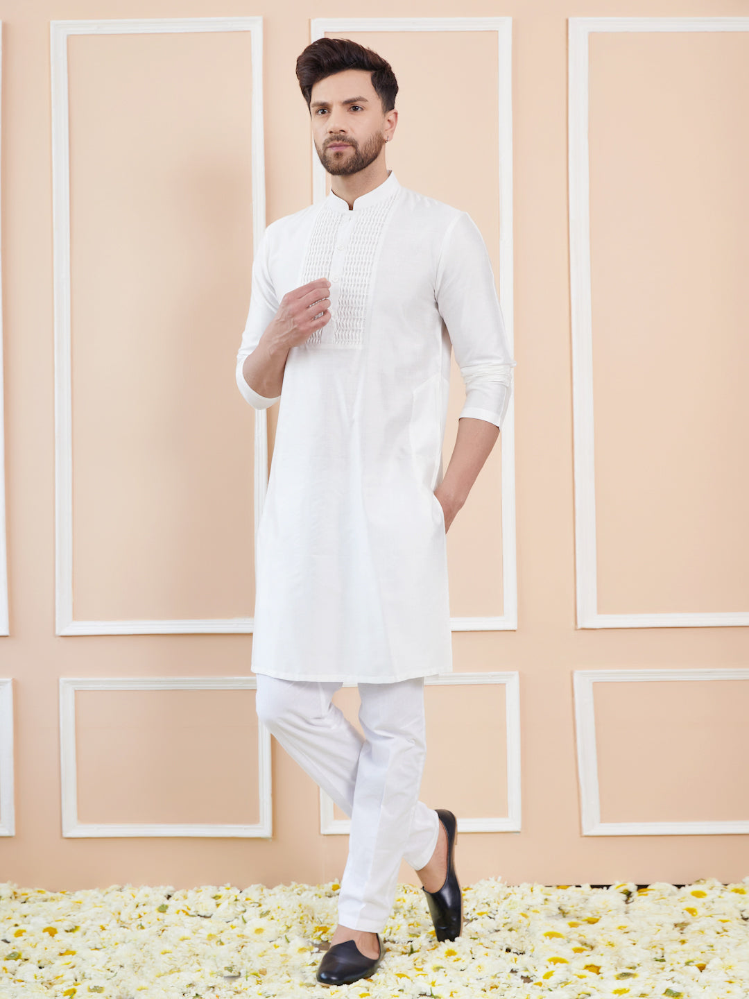 Off White Cotton Solid Straight Kurta with Embroidered Neck and Pyjama