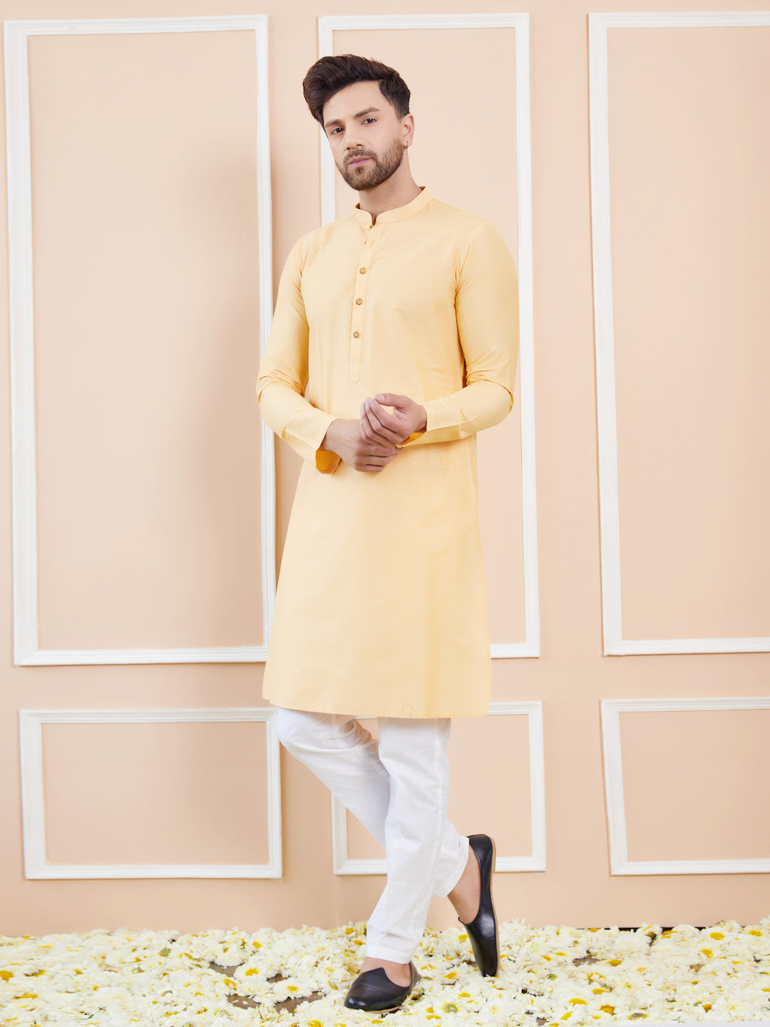 Beige Cotton Solid Straight Kurta with Pyjama