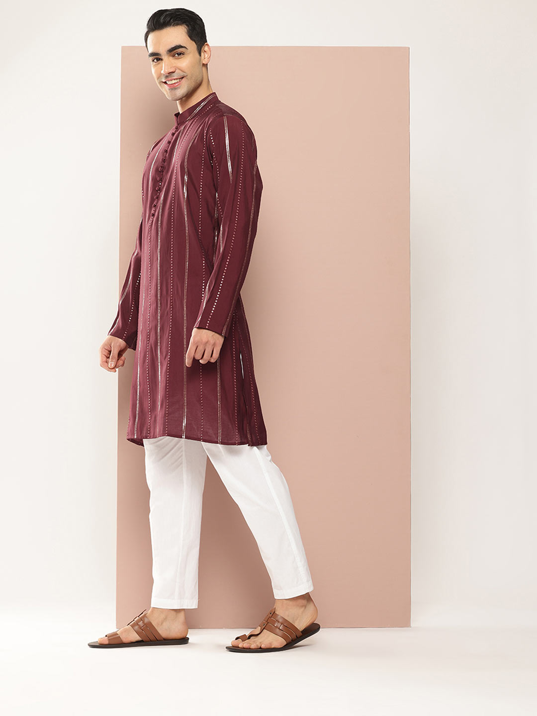 Men's Maroon Chanderi Silk Kurta with Sequin Embroidery, Paired with Pyjama