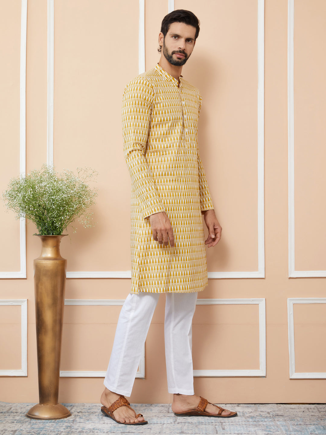 Yellow Printed Pure Cotton Straight Kurta with Pyjama