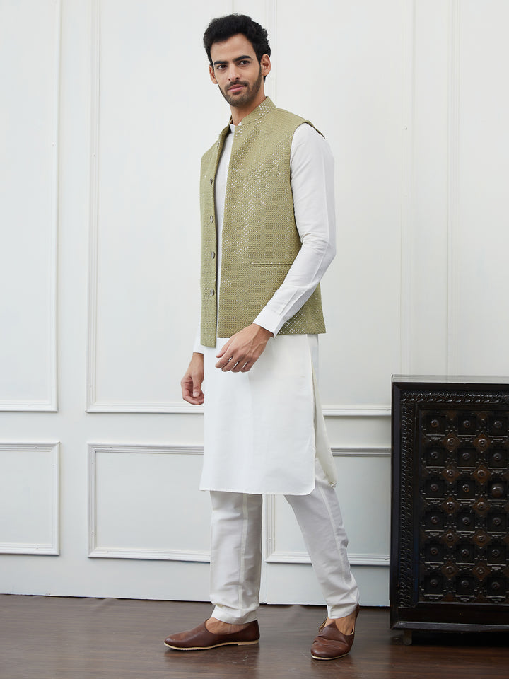 Pure Cotton Straight Kurta & Pyjama with Sequins Embroidered Nehru Jacket