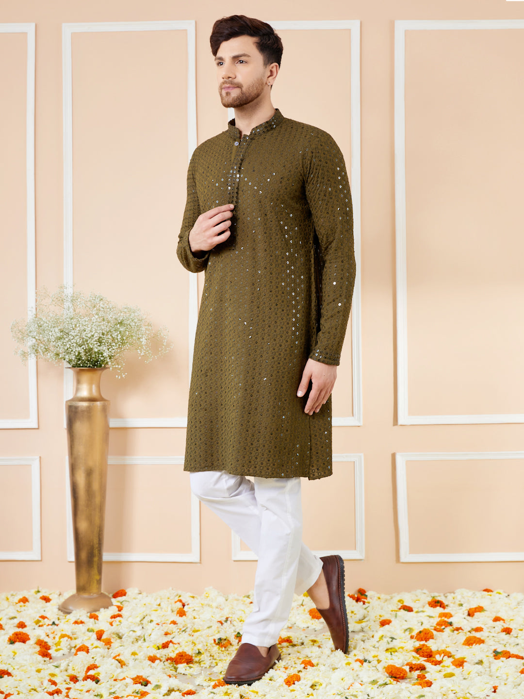 Olive Sequins Embroidered Rayon Kurta