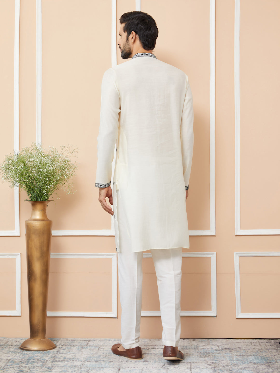 Cream Embroidered Chanderi Silk Straight Kurta with Pyjama