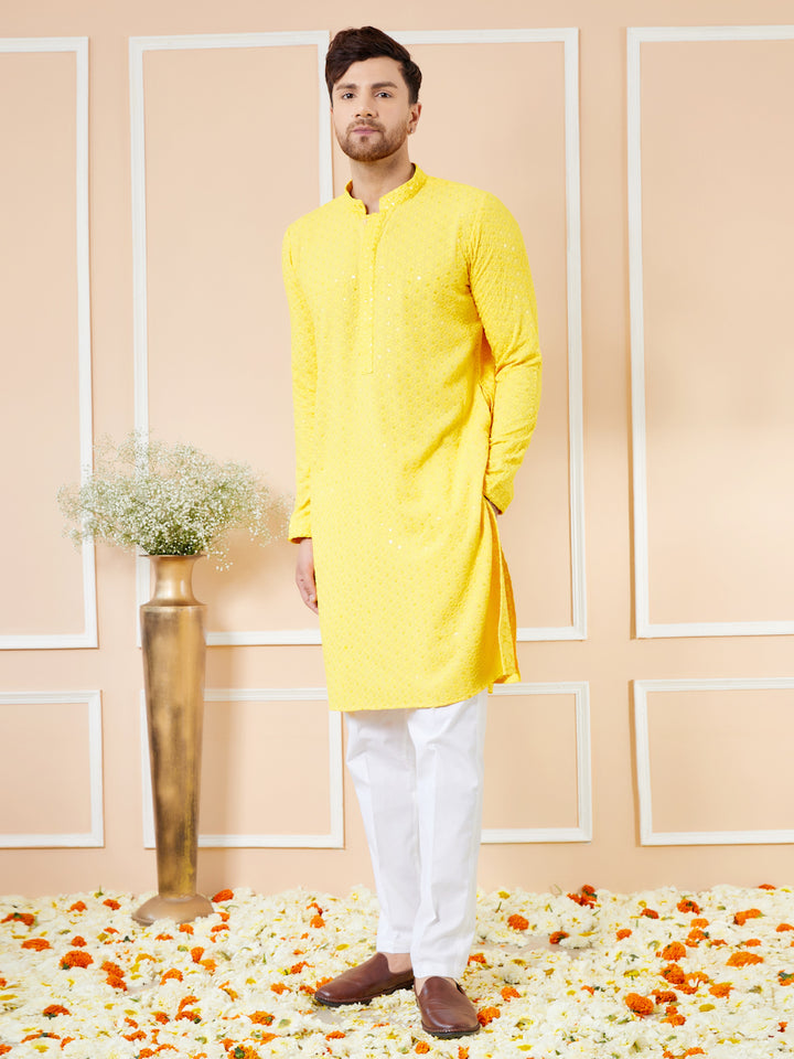 Yellow Sequins Embroidered Rayon Kurta