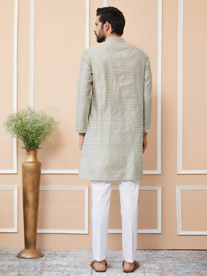 Cream-Grey Ethnic Motifs Silk Jacquard Woven Design Straight Kurta with Pyjama