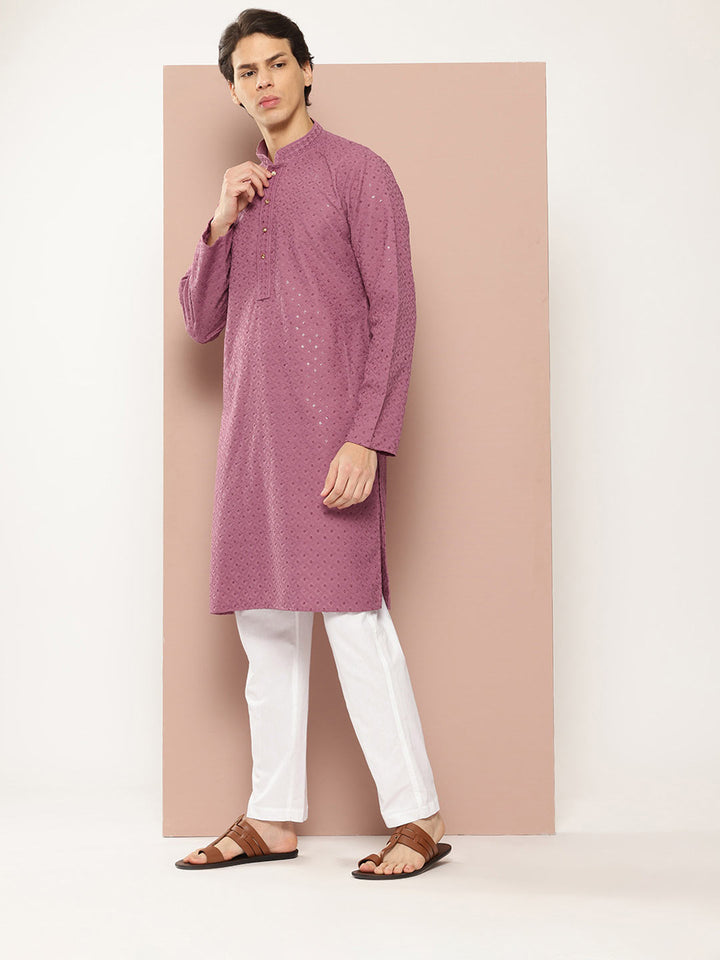 Men's Pink Sequin Embroidered Rayon Kurta, Paired with Pyjama