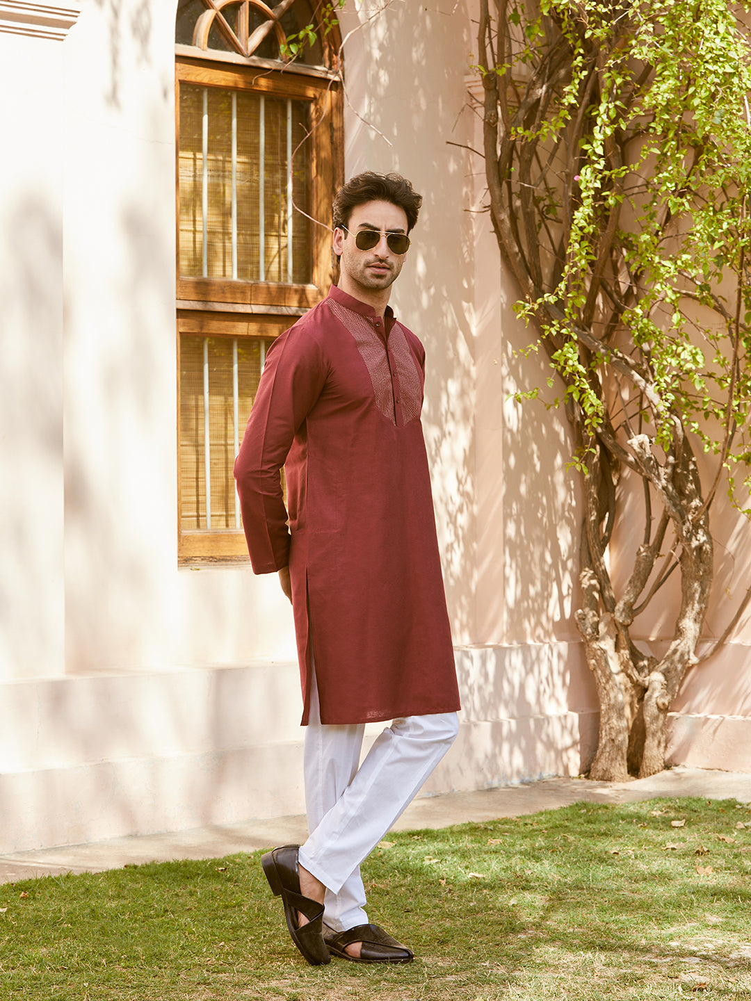 Pintuck Yoke Cotton Silk Straight Kurta with Pyjama