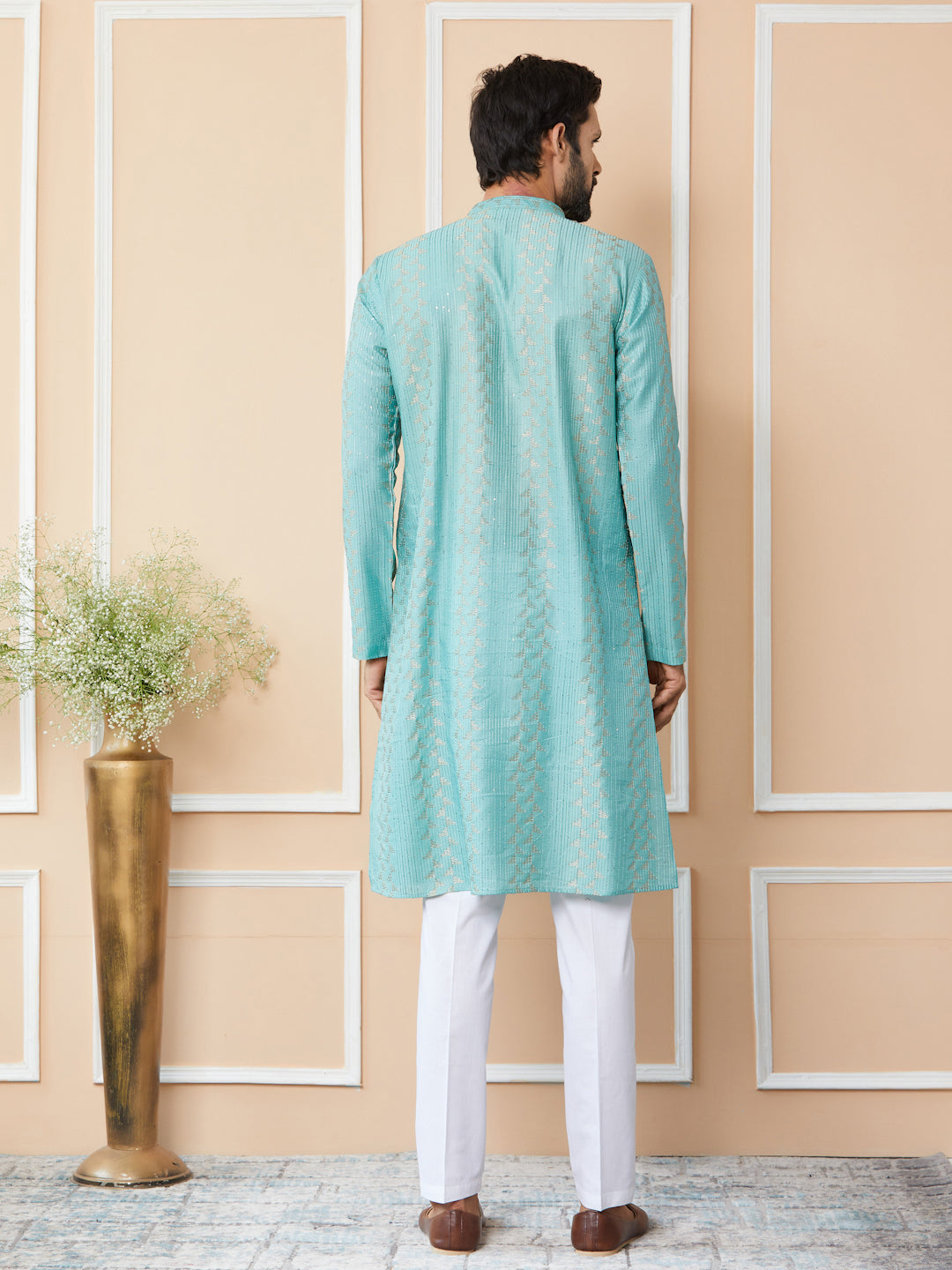 Ice Green Embroidered Thread Work Sequinned Chanderi Silk Straight Kurta with Pyjama