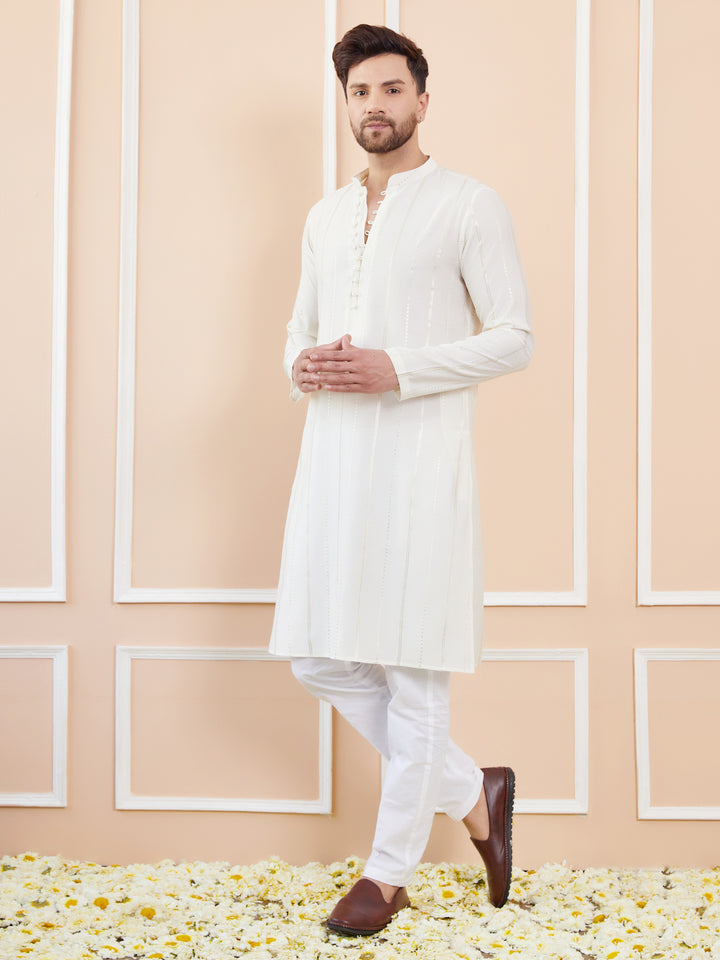 Off White and Gold Sequins Embroidered Chanderi Silk Straight Kurta With Pyjama