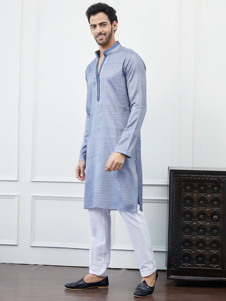 Thread Worked Pure Cotton Straight Kurta With Embroidered Sequin Neck Design and Pyjama