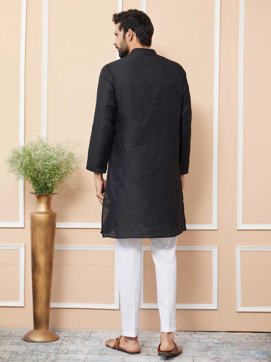 Ethnic Motifs Silk Jacquard Black Straight Kurta With Pajama For Men